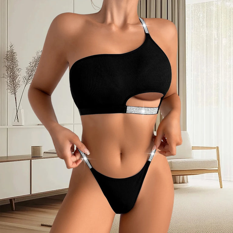 2PCS SEXY WOMEN BRA PANTY SET SHINY ELEGANT BACKLESS LINGERIE SET