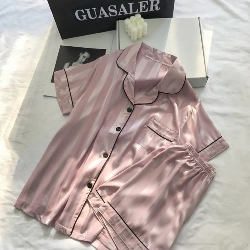 Women’s Satin Striped Pajama Set | Button-Up Short Sleeve