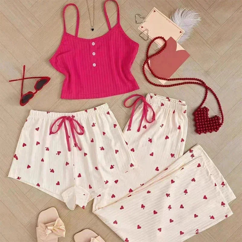 Women’s 3pc Heart Print Pajama Set | Ribbed Cami & Pants