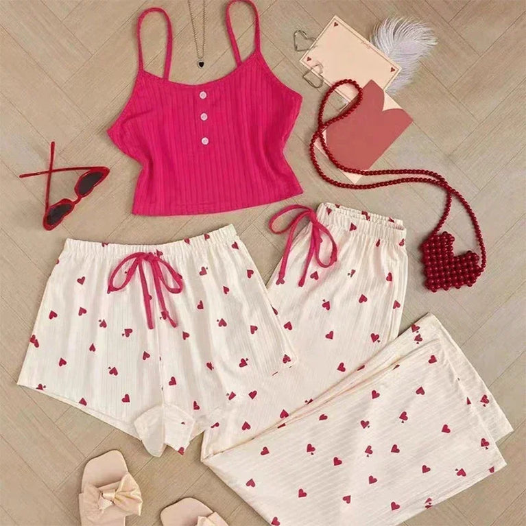 Women’s 3pc Heart Print Pajama Set | Ribbed Cami & Pants