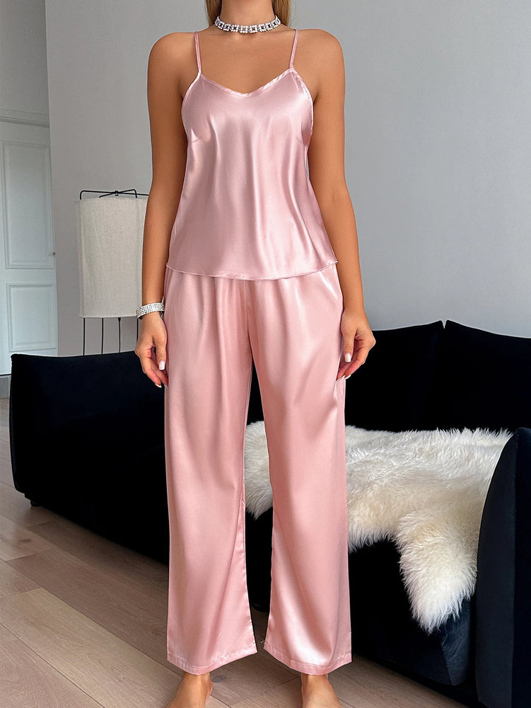 Women’s Solid V-Neck Pajama Set | Halter Cami & Trousers