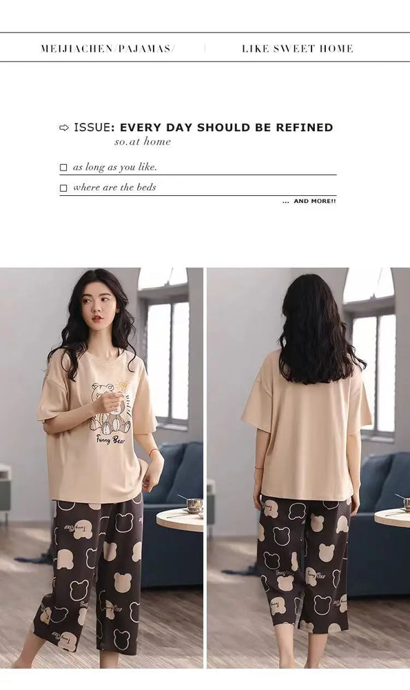 Women’s Milk Silk Pajama Set | Cute Cartoon Calf-Length Pants