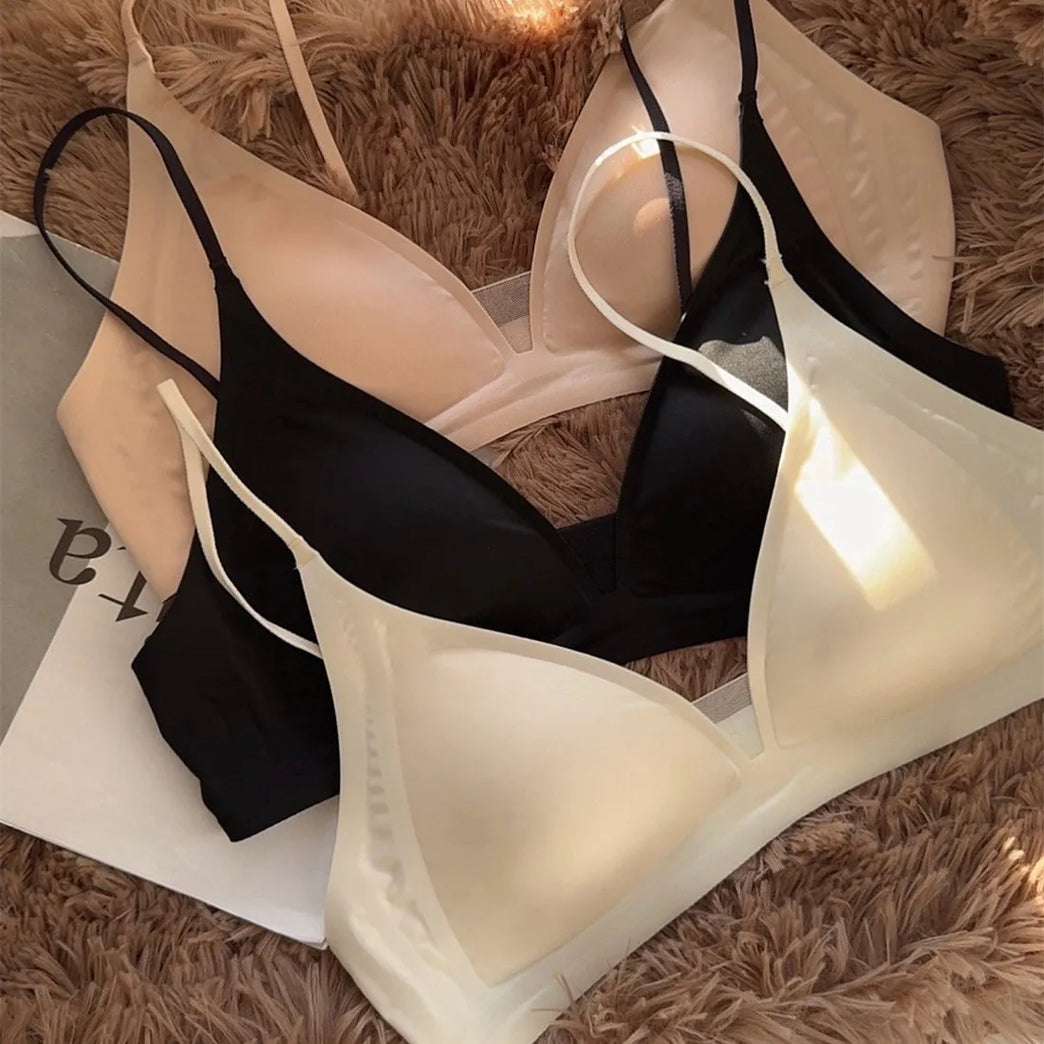 French Glossy Satin Seamless Bra | Deep-V Wireless Bralette
