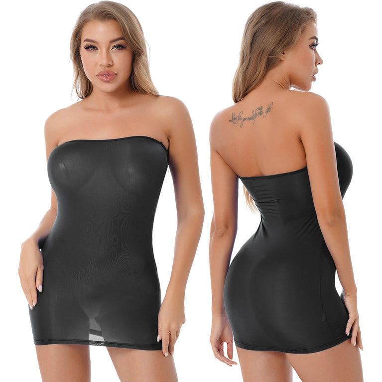 Womens Satin Slip Dress Strapless Zipper Bodycon Mini Club Nightwear Dress
