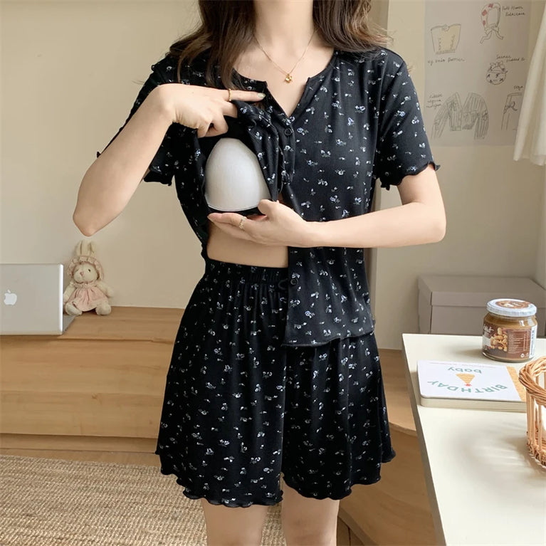 Women’s Floral Summer Pajama Set | Korean Style Home Clothes
