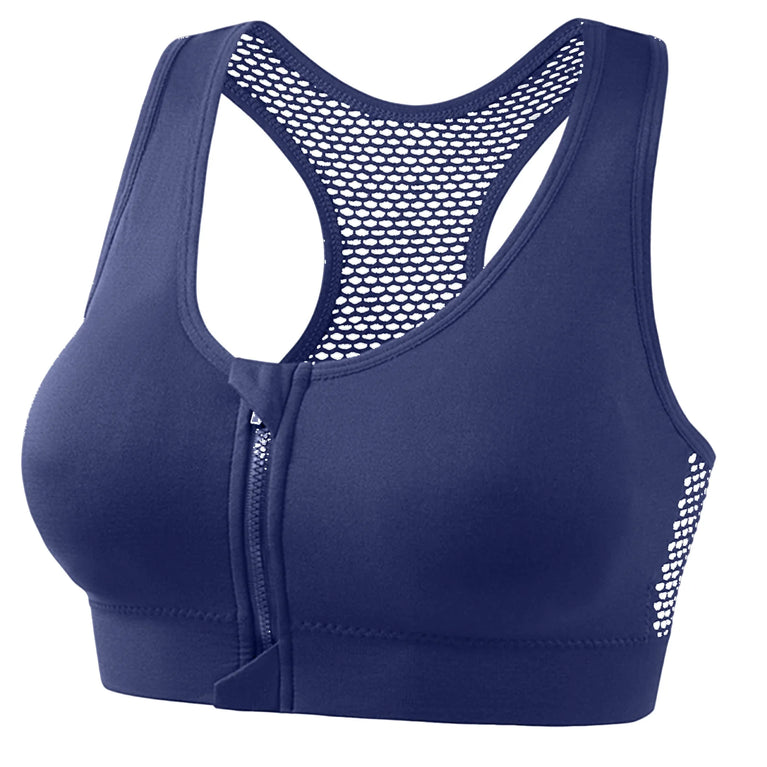 Front-Zipper Breathable Mesh Sports Bra – Wireless High-Ventilation Support