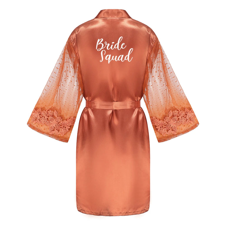 Caramel Wedding Robe | Mesh-Sleeve Satin Kimono