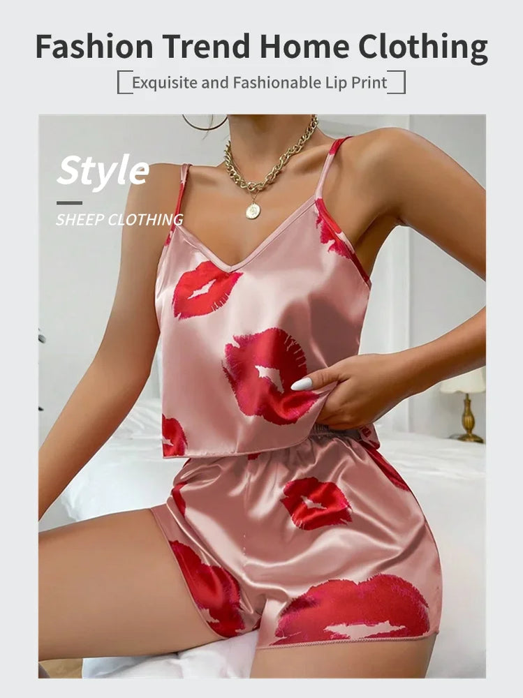 Women’s Satin Heart Pajama Set | V-Neck Cami & Silky Shorts