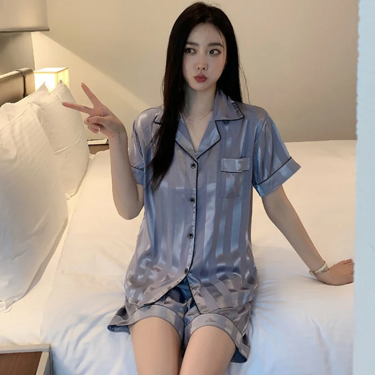 Women’s Satin Striped Pajama Set | Button-Up Short Sleeve