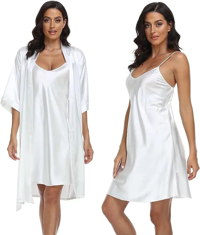 2pc Silk Pajama Set | Satin Robe & Chemise Nightgown