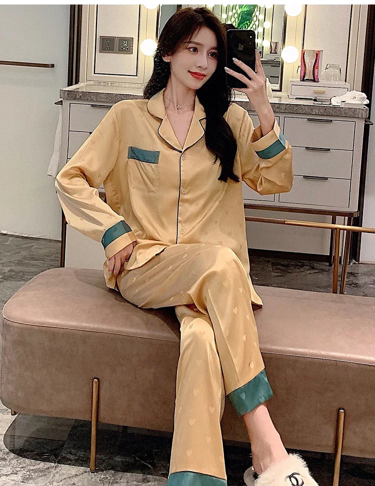 Women’s Ice Silk Animal Print Pajama Set | Autumn 2-Piece