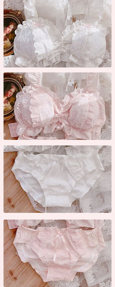 Sweet Lolita Cotton Embroidery Bra Set | Wireless Ruffle Duo
