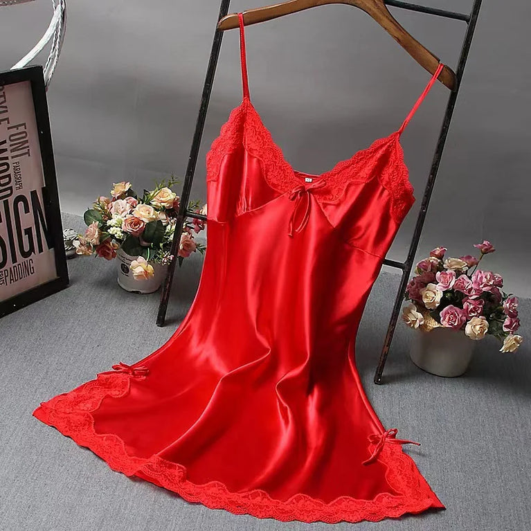 Womens Satin Slip Dress Lace Nightgown Mini Sleepwear Dress