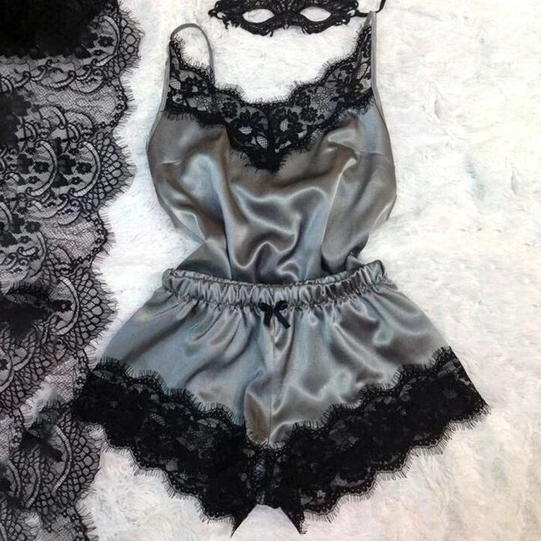 Lace Satin 2-Piece Pajama Set – Sexy V-Neck Strap Vest & Matching Sleep Shorts for Women