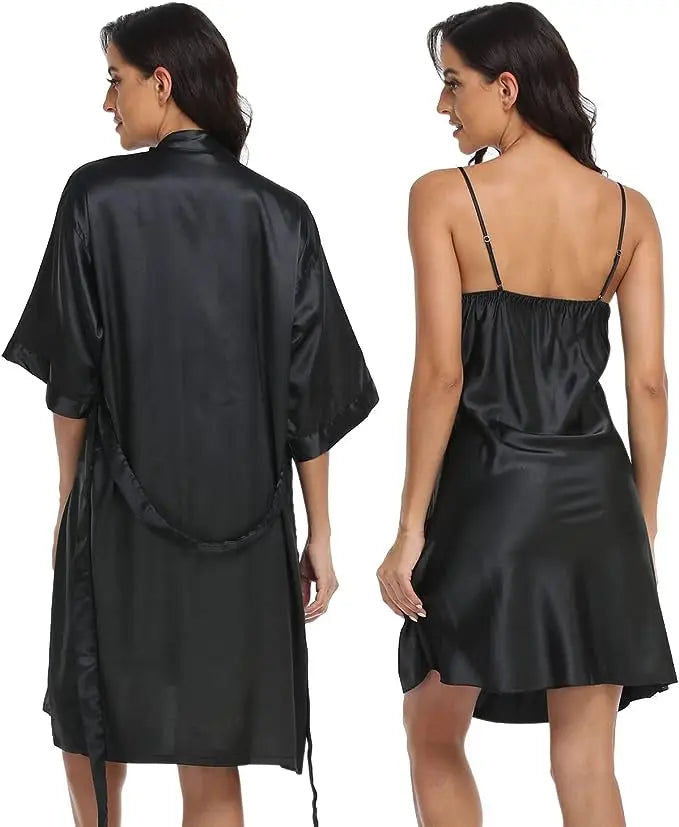 2pc Silk Pajama Set | Satin Robe & Chemise Nightgown