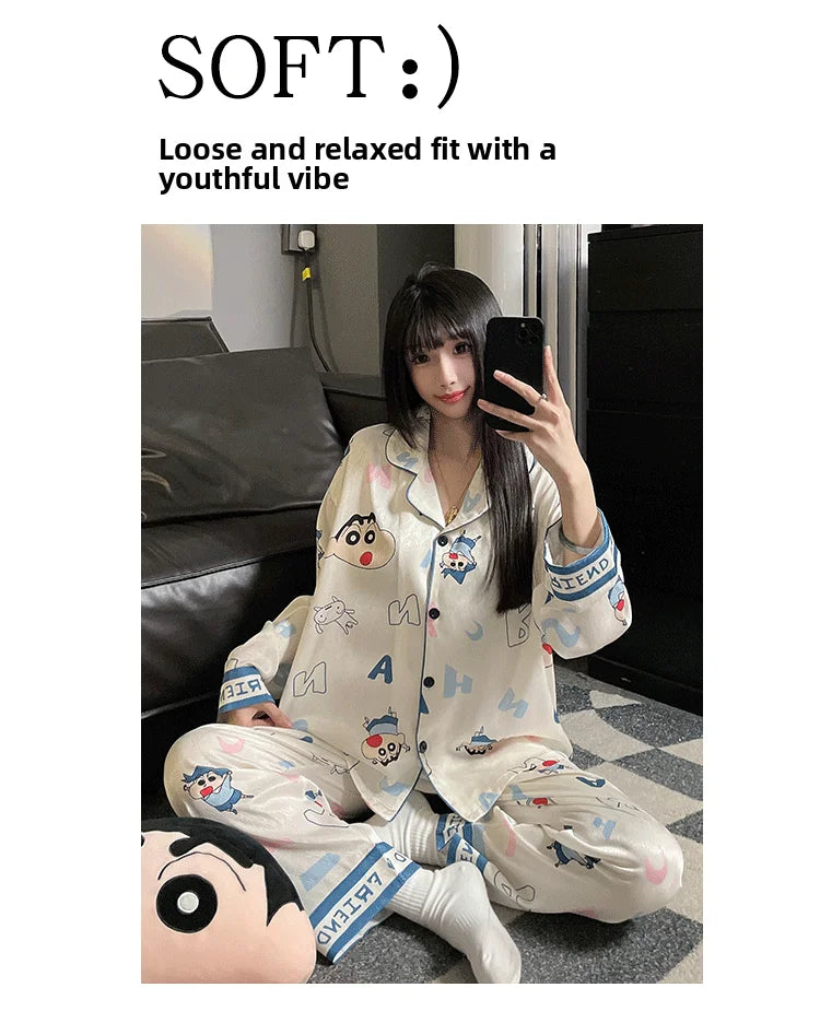 Couples Ice Silk Pajama Set | Cartoon Long-Sleeve Cardigan
