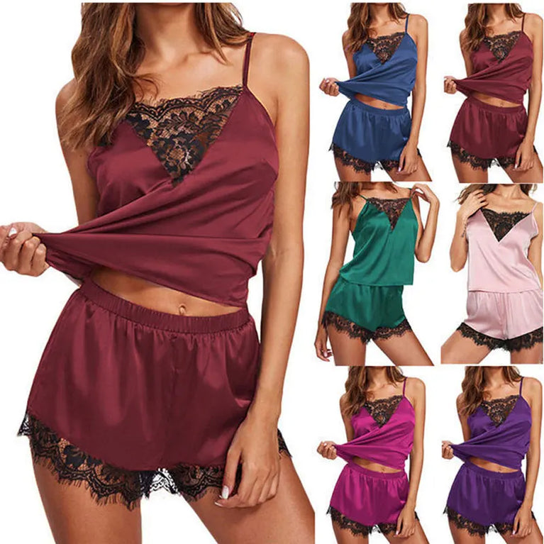 Lace Satin 2-Piece Pajama Set – Sexy V-Neck Strap Vest & Matching Sleep Shorts for Women