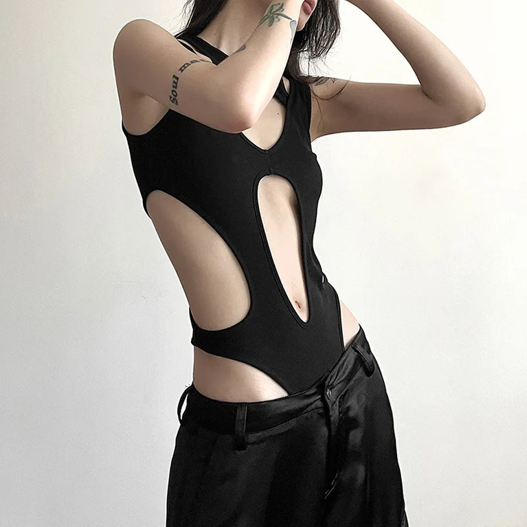 Hollow-Out Gothic Bodysuit | Sexy Woven Spring Top