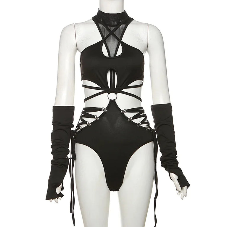 Gothic Techwear Bodysuit | Cyber Y2K Mesh Patchwork