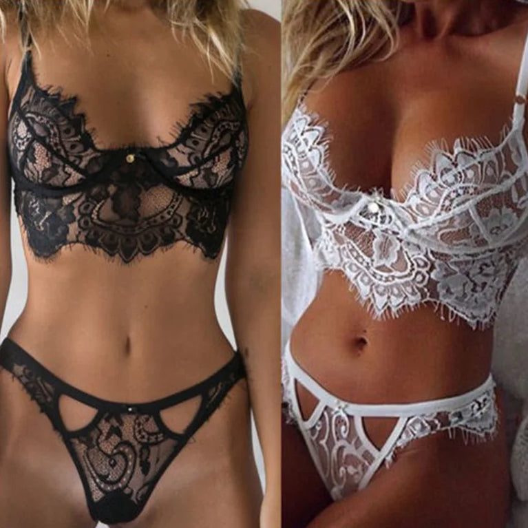 HOLLOW EYELASH LACE LINGERIE SET SEXY UNDERWEAR BRA PANTY SET Cekca Women