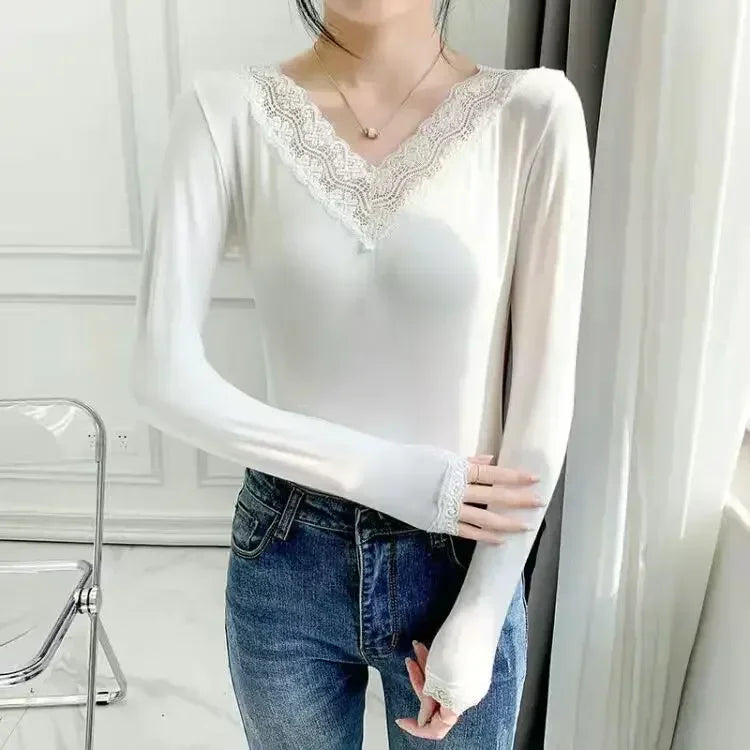Women’s Thin Modal Thermal Top | Elegant Lace Trim Base Layer