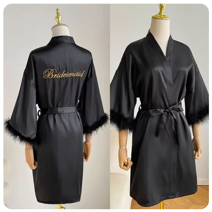 Bridal Satin Robe | Feather-Trim Wedding Kimono
