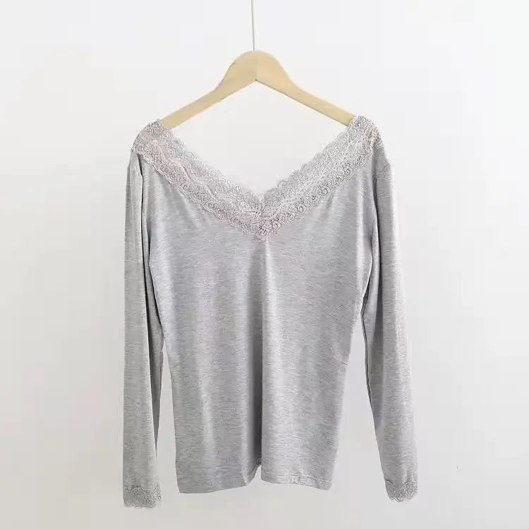 Modal Thermal Top | Lace V-Neck Long Sleeve Base