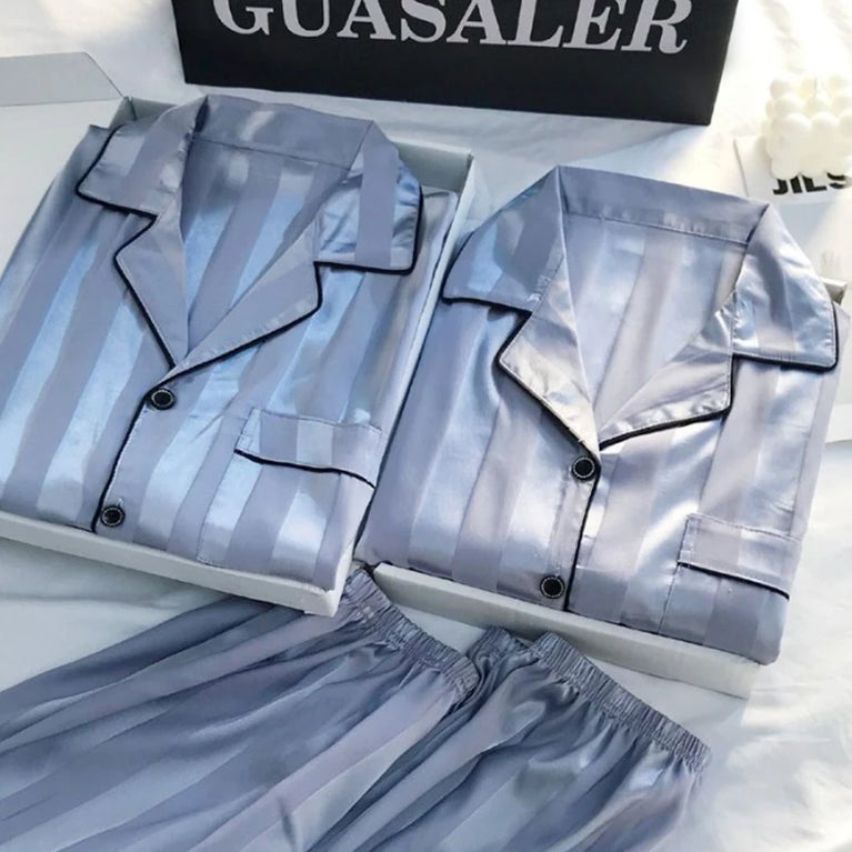 Women’s Satin Striped Pajama Set | Button-Up Short Sleeve