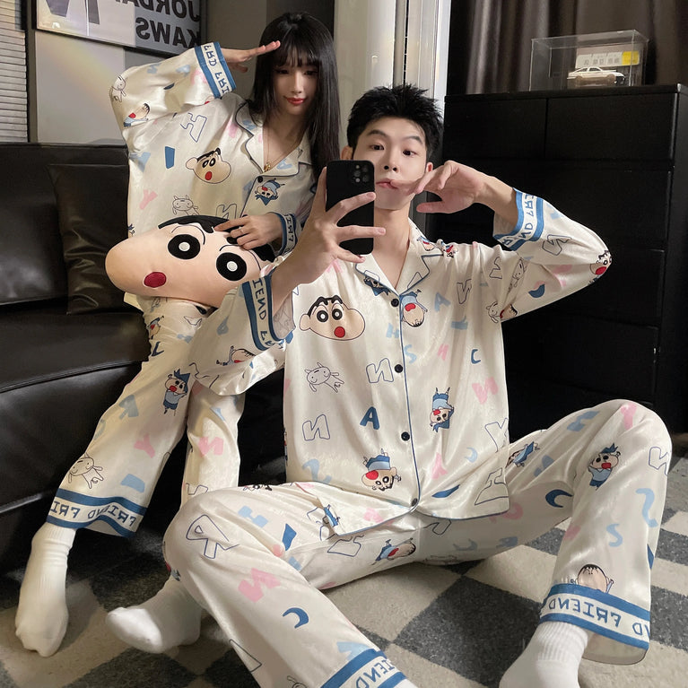 Couples Ice Silk Pajama Set | Cartoon Long-Sleeve Cardigan