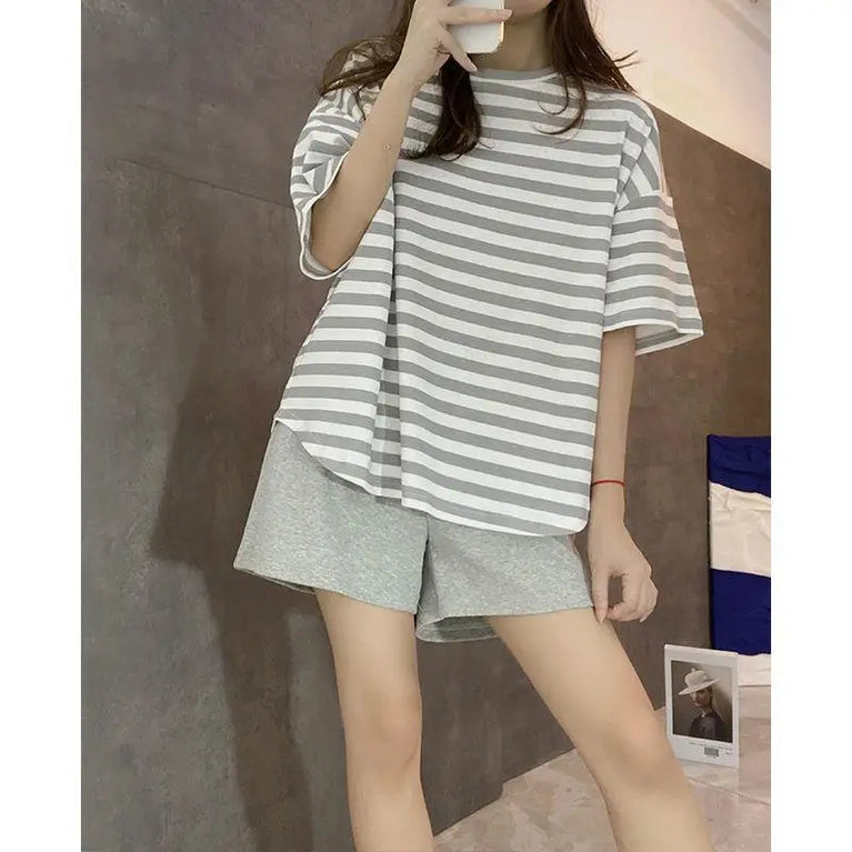 Women’s Striped Pajama Set | Built-in Chest Pads & Shorts