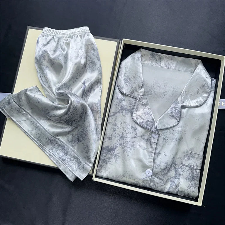 Women’s Geometric Satin Pajamas | V-Neck Ink Painting Set