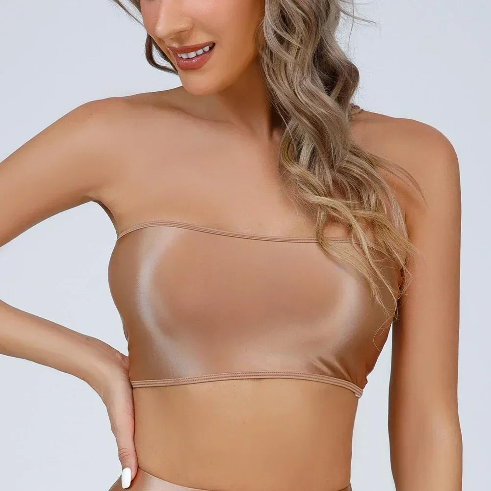 Gemini said Oil Glossy Shiny Strapless Crop Top – High-Stretch Rave Bandeau