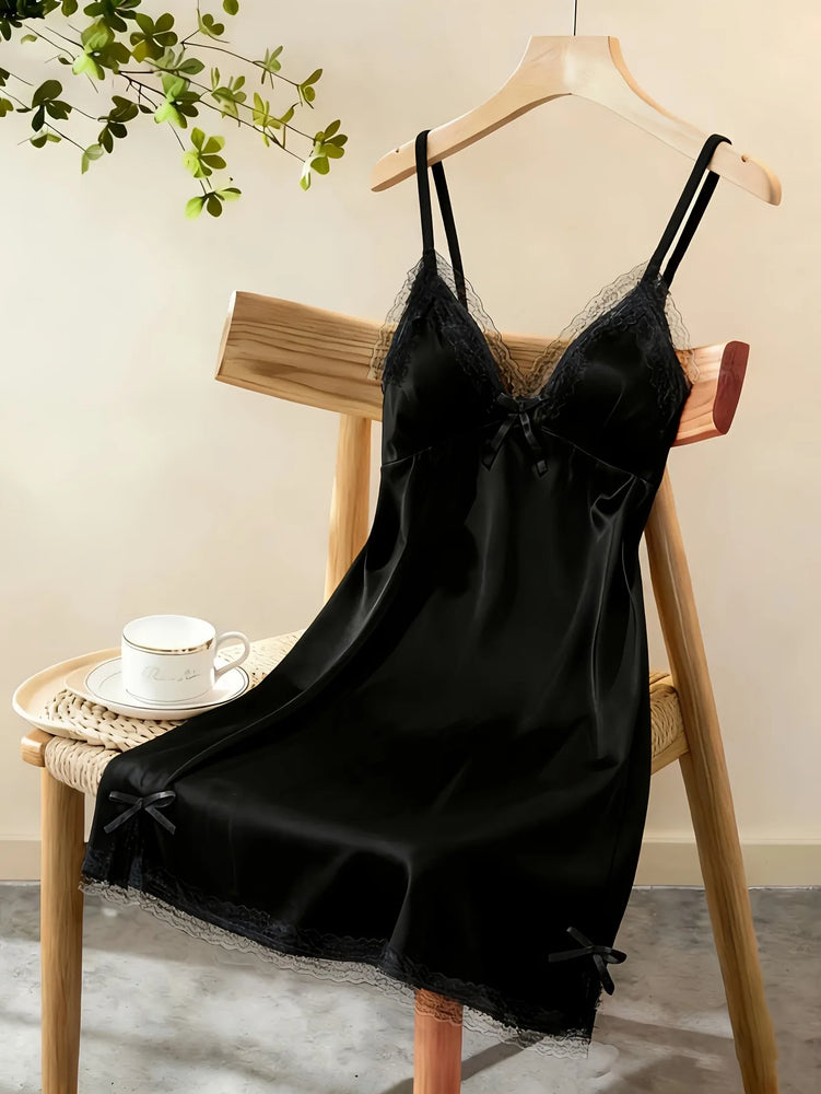 Womens Satin Slip Dress Lace Nightgown Mini Sleepwear Dress