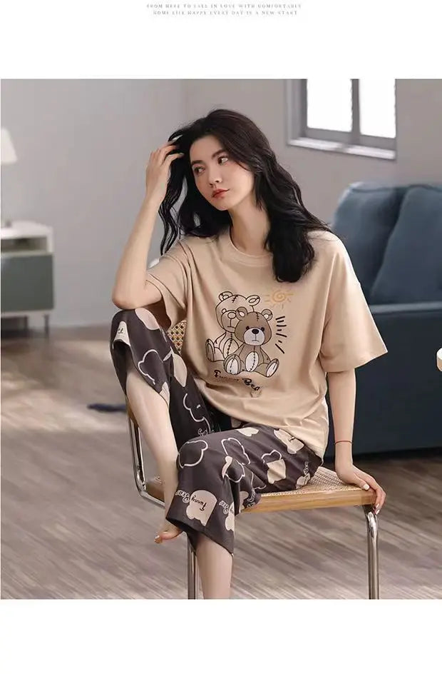 Women’s Milk Silk Pajama Set | Cute Cartoon Calf-Length Pants