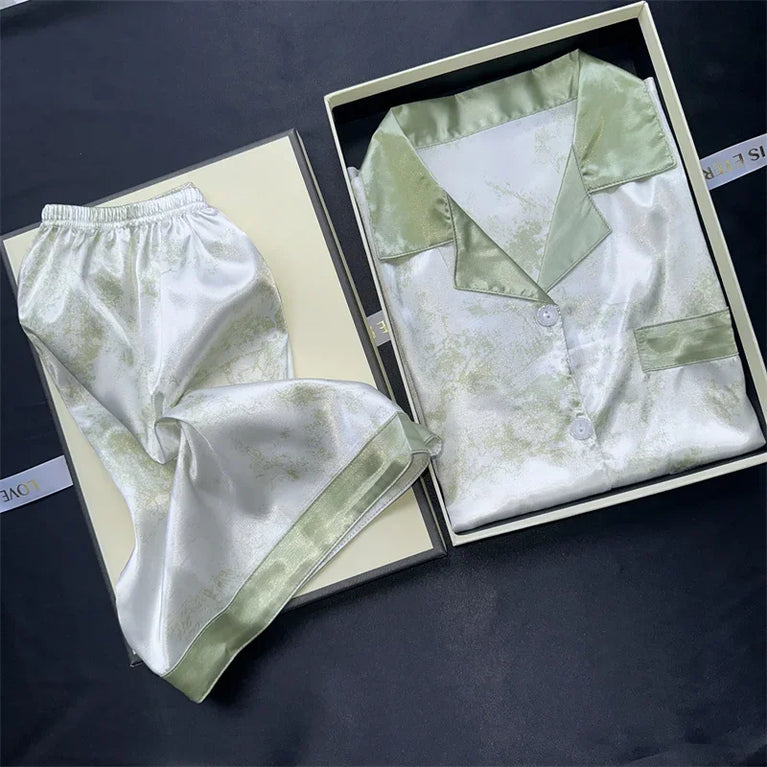 Women’s Geometric Satin Pajamas | V-Neck Ink Painting Set