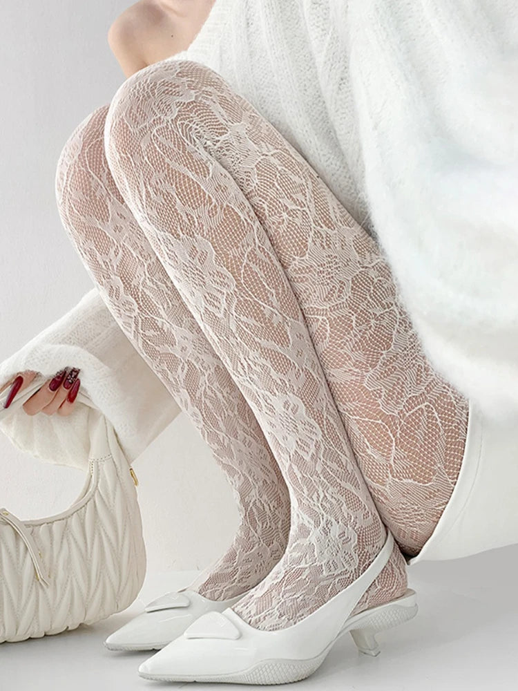 Floral Fishnet Tights | Sexy White Flower Mesh Pantyhose