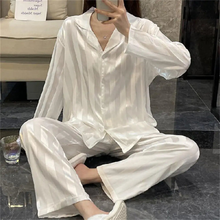 Women's Striped Satin Pajama Set | Long Sleeve Summer Home Suit