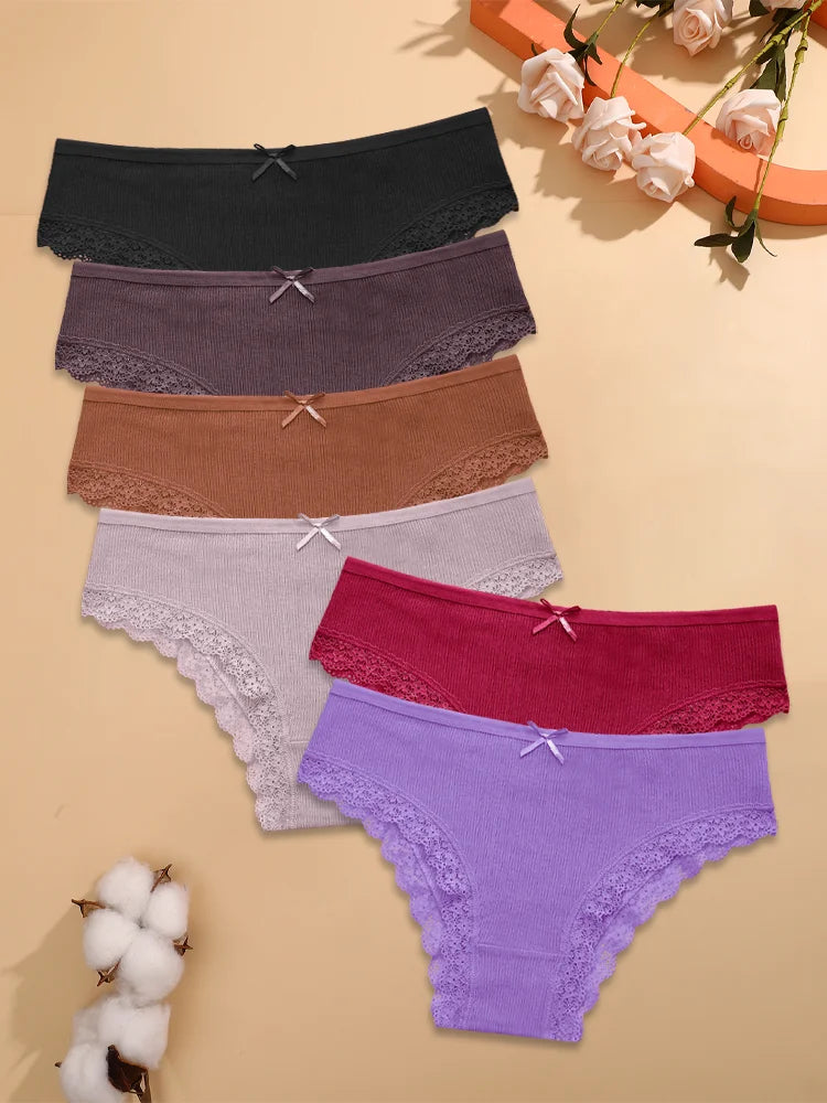 6pc Cotton Lace Panties | Crossed Belt Brazilian Briefs