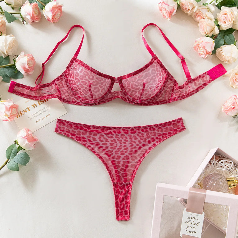 Seamless Leopard Printed Underwire Bra and Panty Set Women Underwear Lace See Through Push Up Sexy Lingerie Outfit