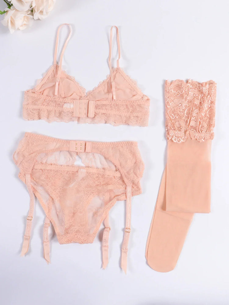 Seamless Floral Lace 4-Piece Lingerie Set – Sexy Underwire Bra & Robe