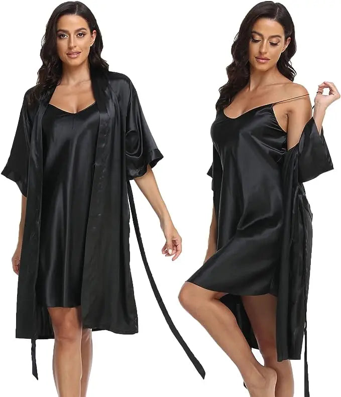 2pc Silk Pajama Set | Satin Robe & Chemise Nightgown