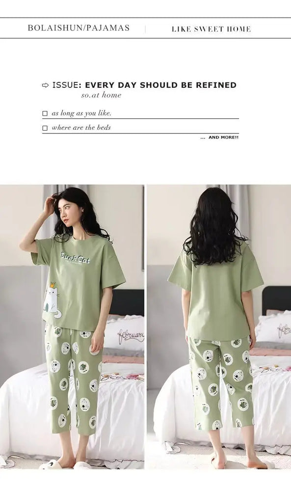 Women’s Milk Silk Pajama Set | Cute Cartoon Calf-Length Pants