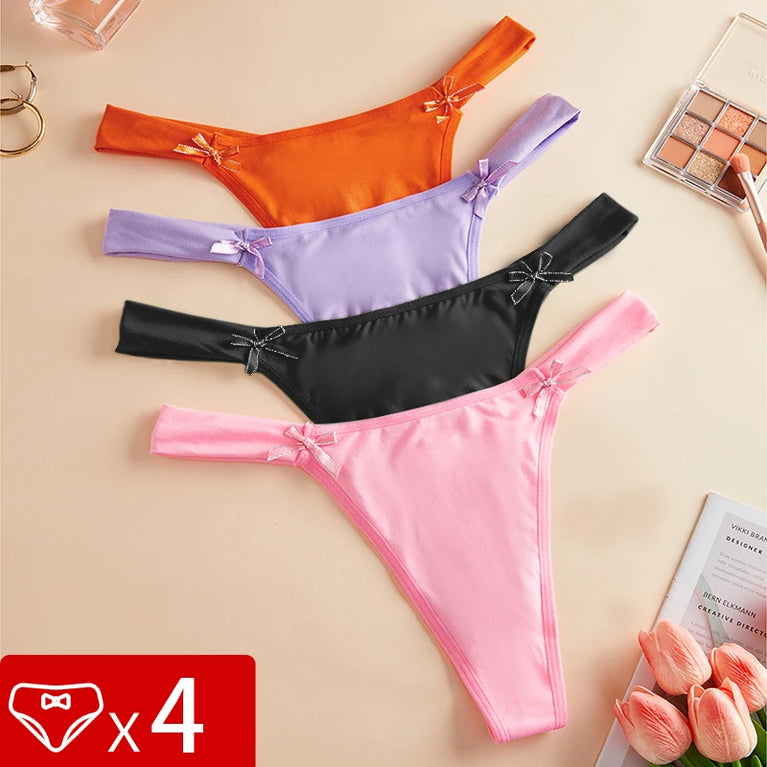 4pc Elegant Bow G-Strings | Breathable Low-Rise Sexy Thongs
