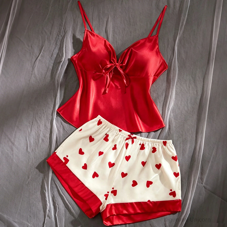 Red Satin Heart Pajama Set | Silky Tie-Knot Cami & Shorts