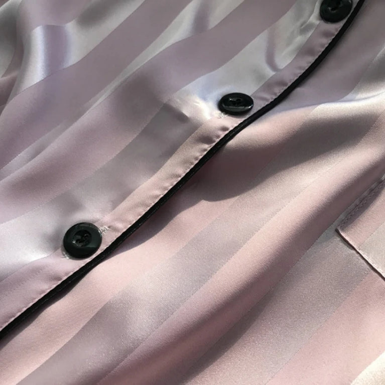 Women’s Satin Striped Pajama Set | Button-Up Short Sleeve
