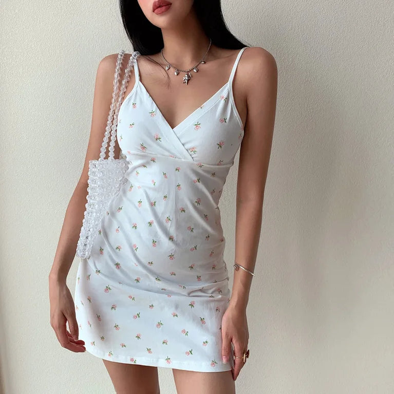 Vintage Floral Slip Dress Sleeveless Bodycon Mini Summer Outfit