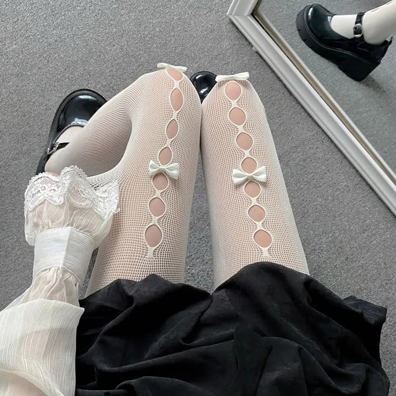 Lolita Bow Fishnet Thigh High Stockings for Women