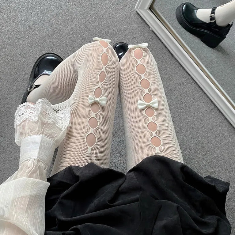 Lolita Bow Fishnet Thigh High Stockings for Women