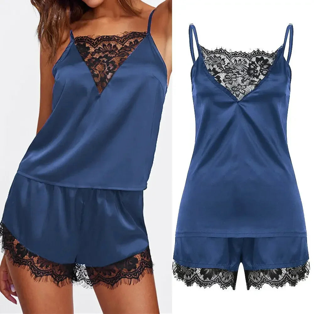 Ice Silk Pajama Set | V-Neck Cami & Lace Shorts