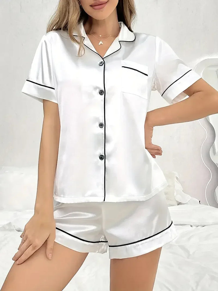 Luxury Satin Pajama Set | Button-Down Short Sleeve & Shorts